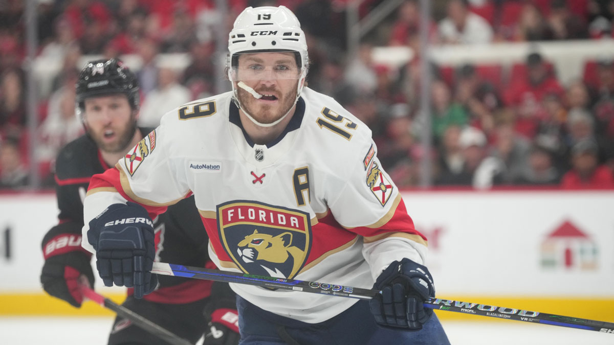 Florida Panthers forward Matthew Tkachuk (19) skates against Carolina Hurricanes during the third period in game two of the Eastern Conference Final of the 2025 Stanley Cup Playoffs at Lenovo Center.