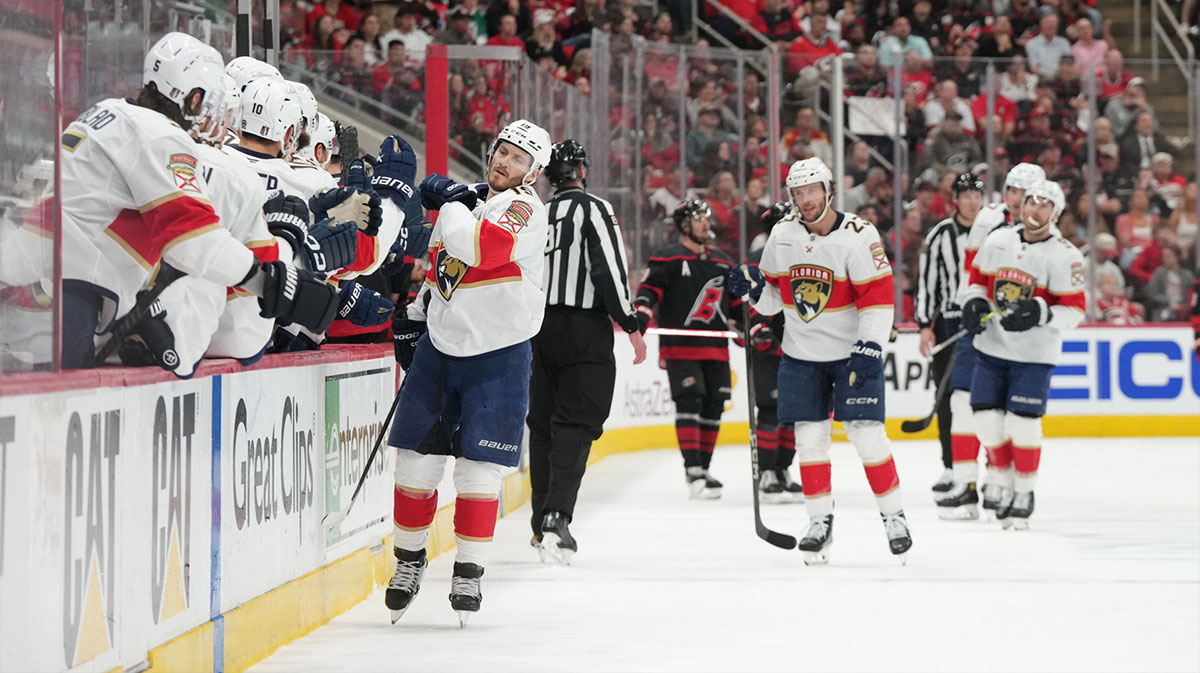 Florida Panthers forward Matthew Tkachuk (19) celebrates scoring during the first period against the Carolina Hurricanes in game two of the Eastern Conference Final of the 2025 Stanley Cup Playoffs at Lenovo Center.