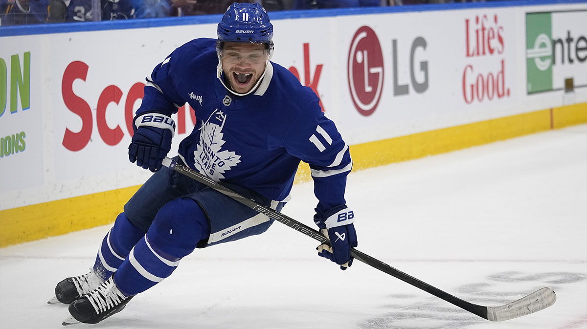 Toronto Maple Leafs forward Max Domi (11) reacts after his scoring chance against the Florida Panthers during the third period of the second round of the 2025 Stanley Cup Playoffs at Scotiabank Arena.