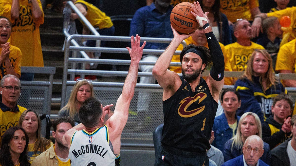 Cleveland Cavaliers guard Max Strus (1) shoots the ball while Indiana Pacers guard T.J. McConnell (9) defends during game three of the second round for the 2025 NBA Playoffs at Gainbridge Fieldhouse.