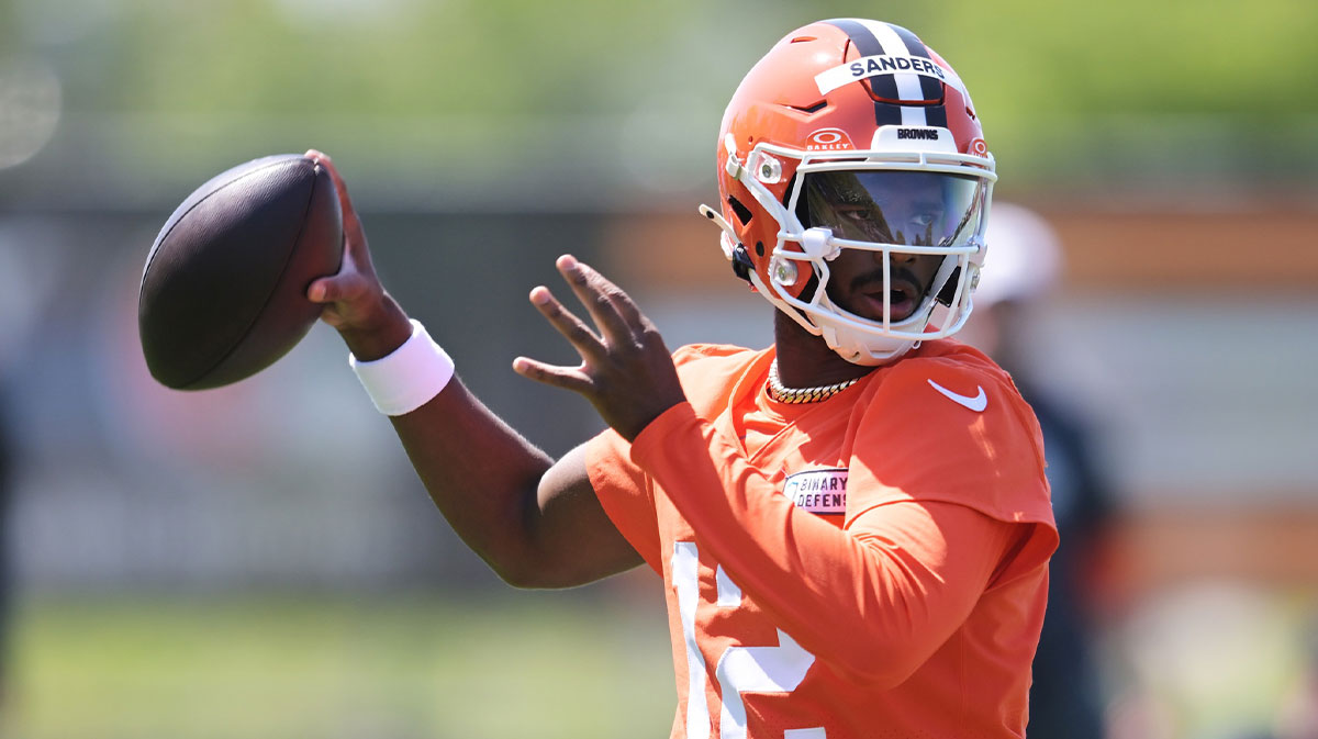 Cleveland Browns quarterback Shedeur Sanders (12) throws a pass during rookie minicamp at CrossCountry Mortgage Campus.