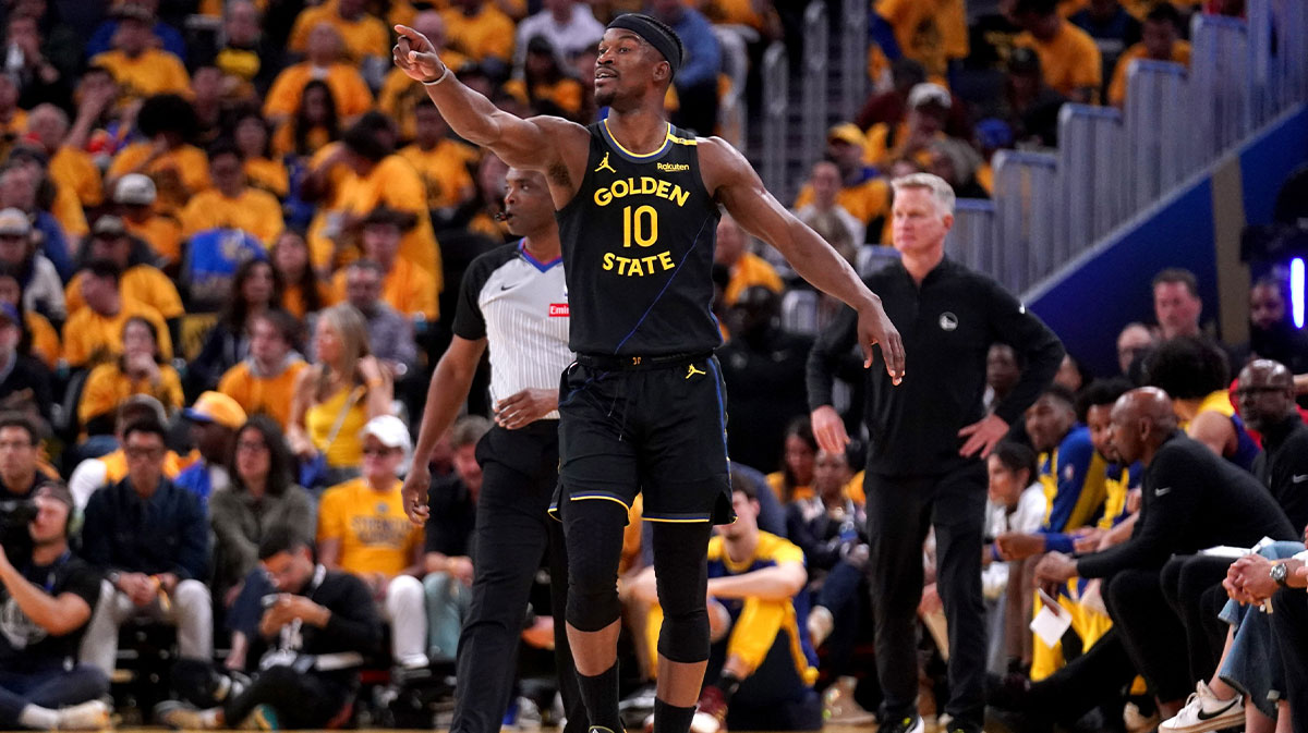 Golden State Warriors forward Jimmy Butler III (10) directs teammates during action against the Minnesota Timberwolves in the third quarter during game four of the second round for the 2025 NBA Playoffs at Chase Center.