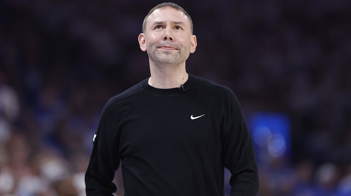 Denver Nuggets head coach David Adelman looks at the score against the Oklahoma City Thunder during the second quarter of game five of the second round for the 2025 NBA Playoffs at Paycom Center.