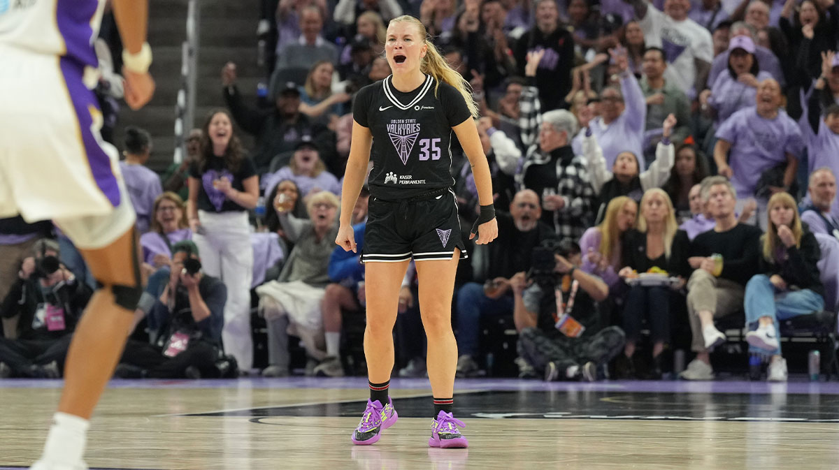 Golden State Valkyries guard Julie Vanloo (35) reacts after making a three point basket against the Los Angeles Sparks during the third quarter at Chase Center.