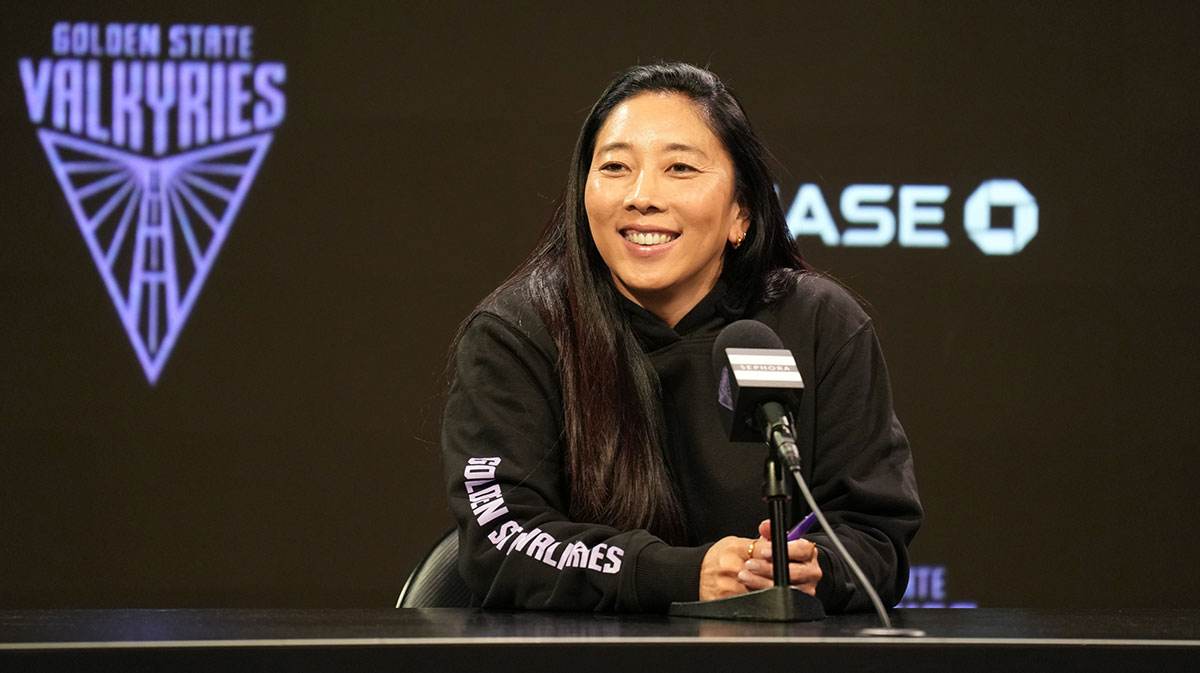 Golden State Valkyries head coach Natalie Nakase talks to media members before the game against the Los Angeles Sparks at Chase Center.