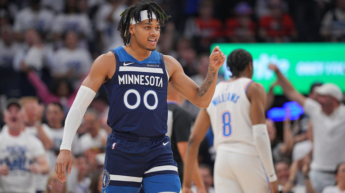 Timberwolves guard Terrence Shannon Jr. (00) reacts against the Oklahoma City Thunder during the first half in game three of the western conference finals for the 2025 NBA Playoffs at Target Center.