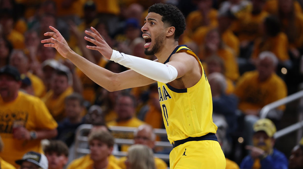 Indiana Pacers guard Tyrese Haliburton (0) reacts to a call during the second quarter against the New York Knicks during game three of the eastern conference finals for the 2025 NBA Playoffs at Gainbridge Fieldhouse.
