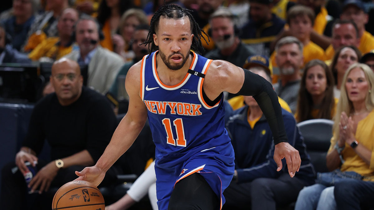 May 25, 2025; Indianapolis, Indiana, USA; New York Knicks guard Jalen Brunson (11) dribbles downcourt during the second quarter against the Indiana Pacers during game three of the eastern conference finals for the 2025 NBA Playoffs at Gainbridge Fieldhouse. Mandatory Credit: Trevor Ruszkowski-Imagn Images