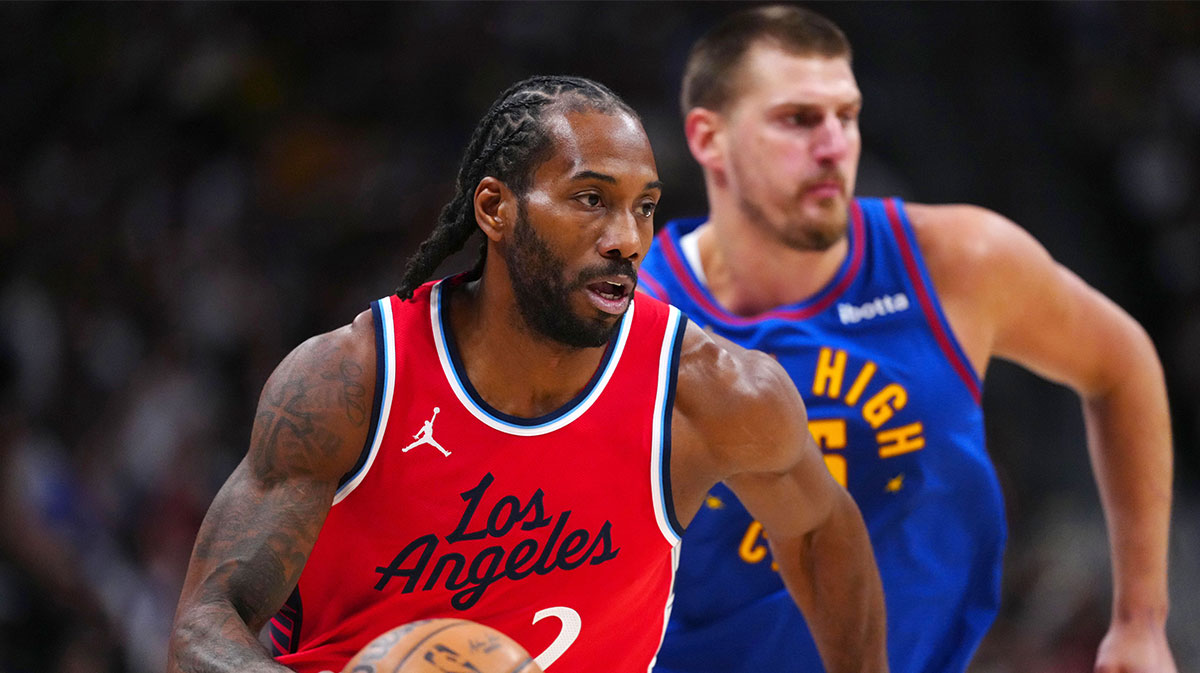 LA Clippers forward Kawhi Leonard (2) controls the ball in the first quarter against the Denver Nuggets during game seven of first round for the 2025 NBA Playoffs at Ball Arena.