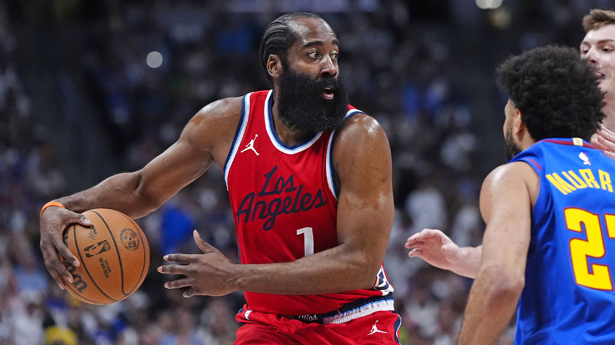 LA Clippers guard James Harden (1) prepares to pass the ball in the second quarter against the Denver Nuggets during game seven of first round for the 2025 NBA Playoffs at Ball Arena.