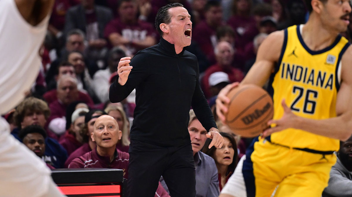 Cleveland Cavaliers head coach Kenny Atkinson reacts during the first half against the Indiana Pacers in game one of the second round for the 2025 NBA Playoffs at Rocket Arena.