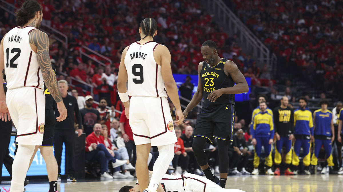 Golden State Warriors forward Draymond Green (23) reacts and Houston Rockets guard Fred VanVleet (5) holds his hands over his face after a play during the second quarter of game seven of the first round for the 2025 NBA Playoffs at Toyota Center.