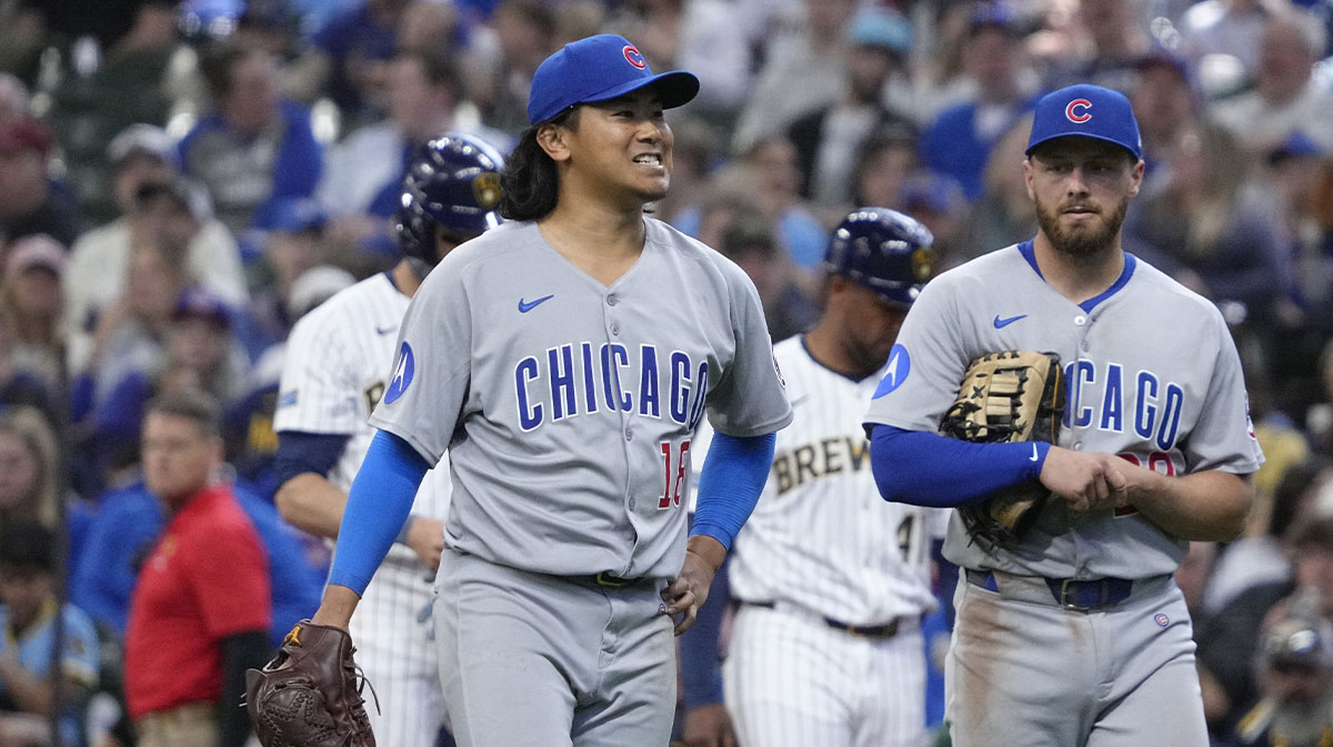 Chicago Cubs pitcher Shota Imanaga (18) walks toward the mound to be checked out by a trainer after being injured against the Milwaukee Brewers in the sixth inning at American Family Field.