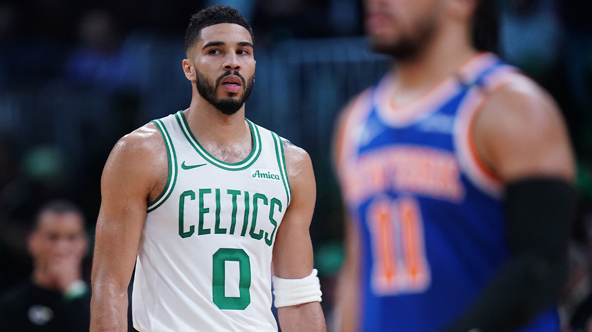 Boston Celtics forward Jayson Tatum (0) on the court against the New York Knicks in the third quarter during game one of the second round for the 2025 NBA Playoffs at TD Garden.