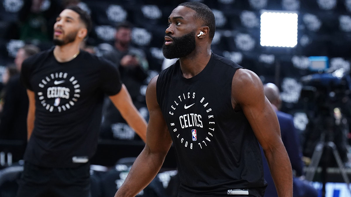 May 5, 2025; Boston, Massachusetts, USA; Boston Celtics guard Jaylen Brown (7) and forward Jayson Tatum (0) warm up before the start of game one of the second round for the 2025 NBA Playoffs against the New York Knicks at TD Garden. Mandatory Credit: David Butler II-Imagn Images