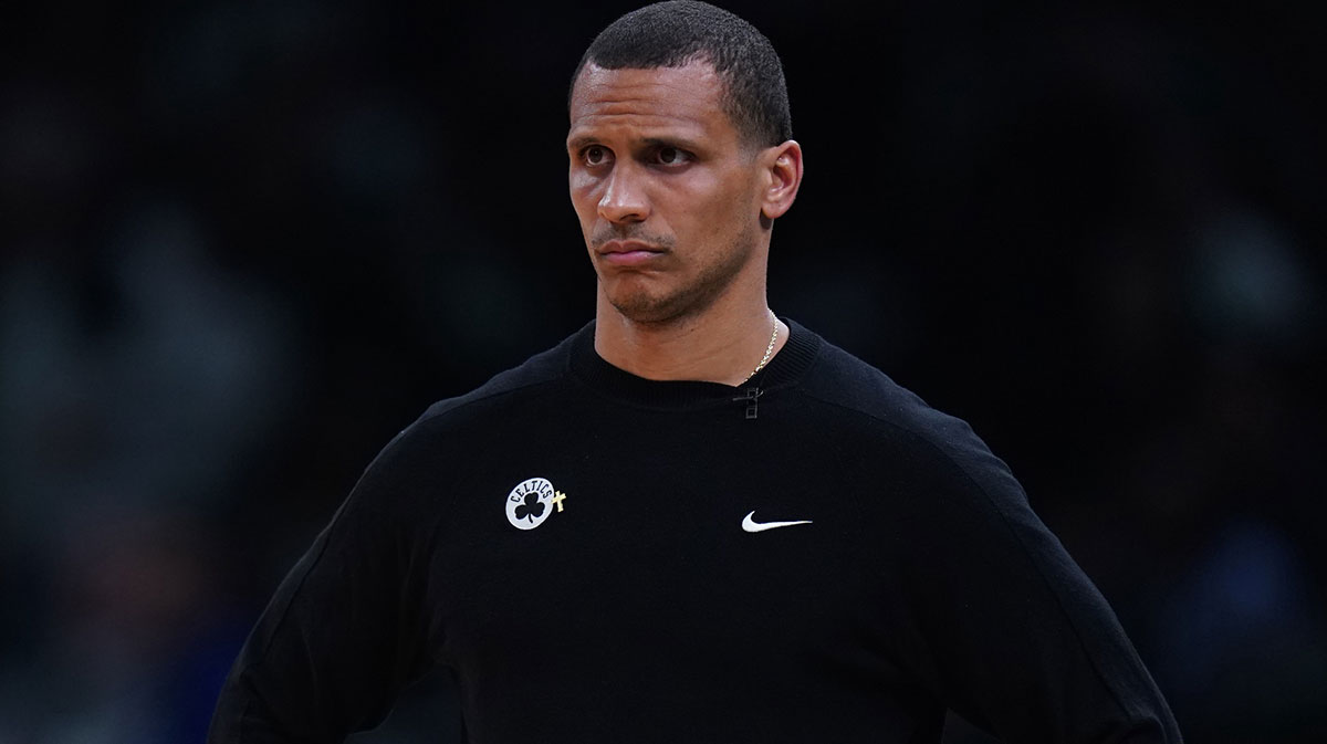 May 5, 2025; Boston, Massachusetts, USA; Boston Celtics head coach Joe Mazzulla watches from the sideline as they take on the New York Knicks during game one of the second round for the 2025 NBA Playoffs at TD Garden. Mandatory Credit: David Butler II-Imagn Images