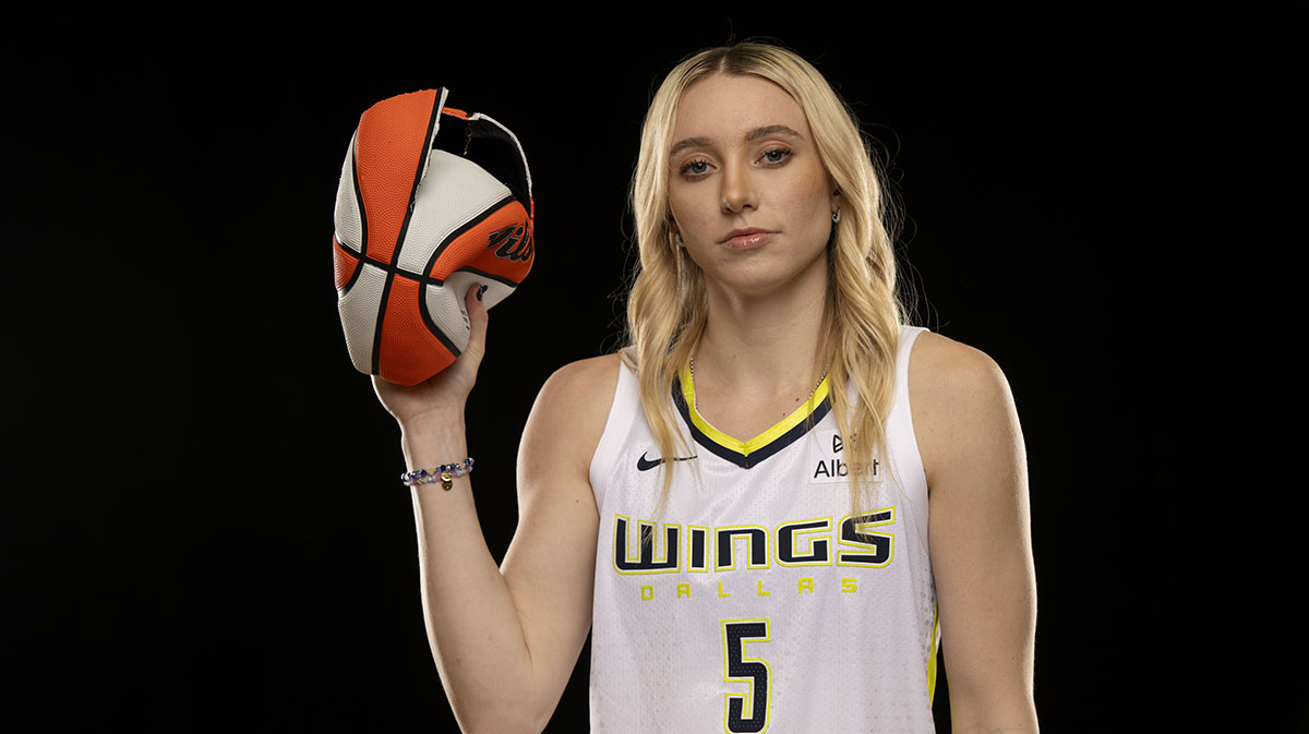 Dallas Wings guard Paige Bueckers poses for a photo during the 2025 Dallas Wings Media Day.