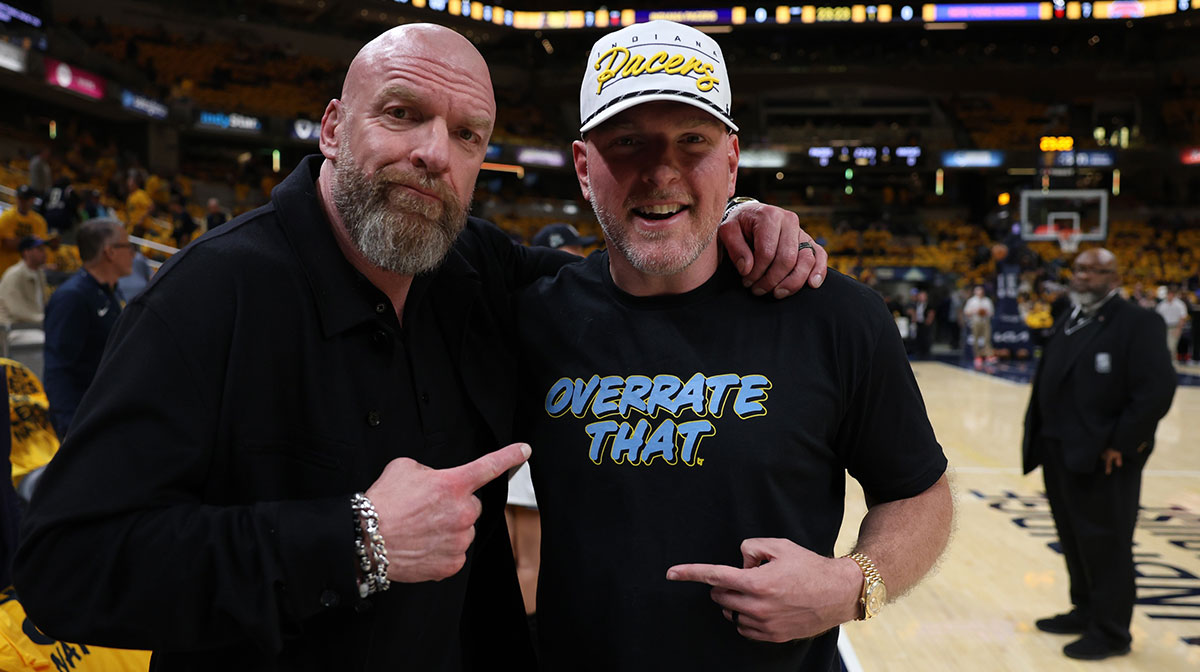 Paul Michael Levesque, known professionally as Triple H, and Pat McAfee pose for a photo prior to game four of the eastern conference finals between the Indiana Pacers and the New York Knicks for the 2025 NBA Playoffs at Gainbridge Fieldhouse.