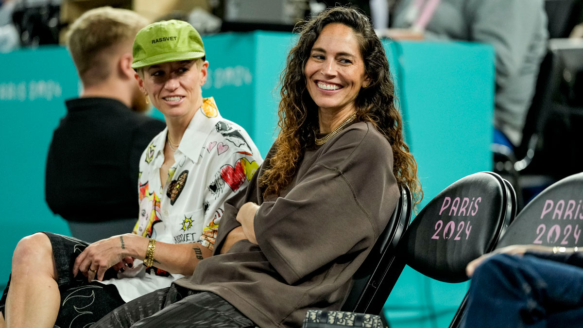 Megan Rapinoe and Sue Bird watch a women's basketball semifinal game during the Paris 2024 Olympic Summer Games at Accor Arena.