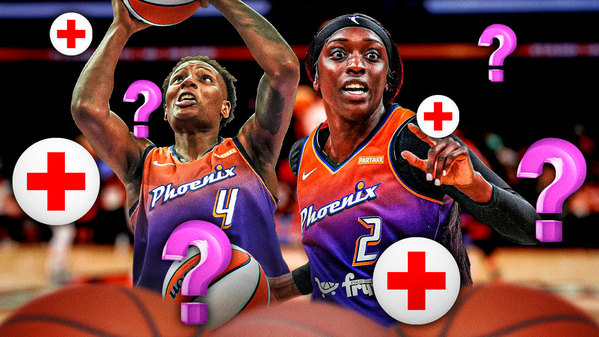 Kahleah Copper and Natasha Mack in Phoenix Mercury jerseys, with medical signs around them and question marks around them. There's also a background of the Mercury's home arena (PHX arena)