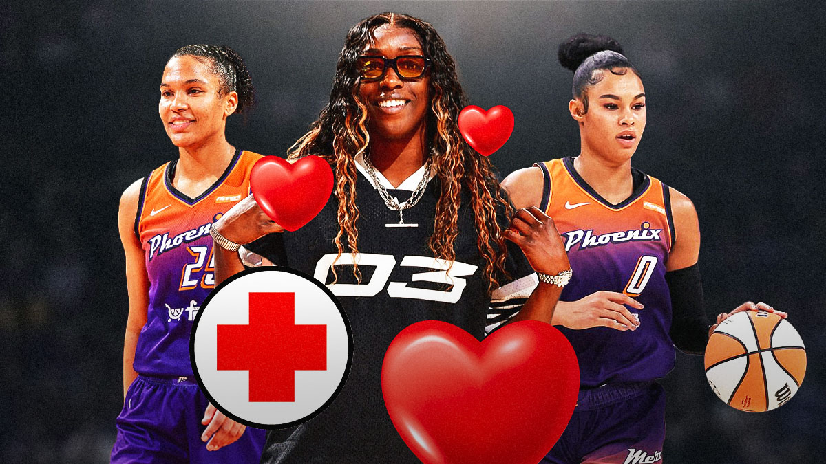 Kahleah Copper in street clothes with hearts around her, and medical signs, as well as Phoenix Mercury forwards Satou Sabally and Alyssa Thomas.