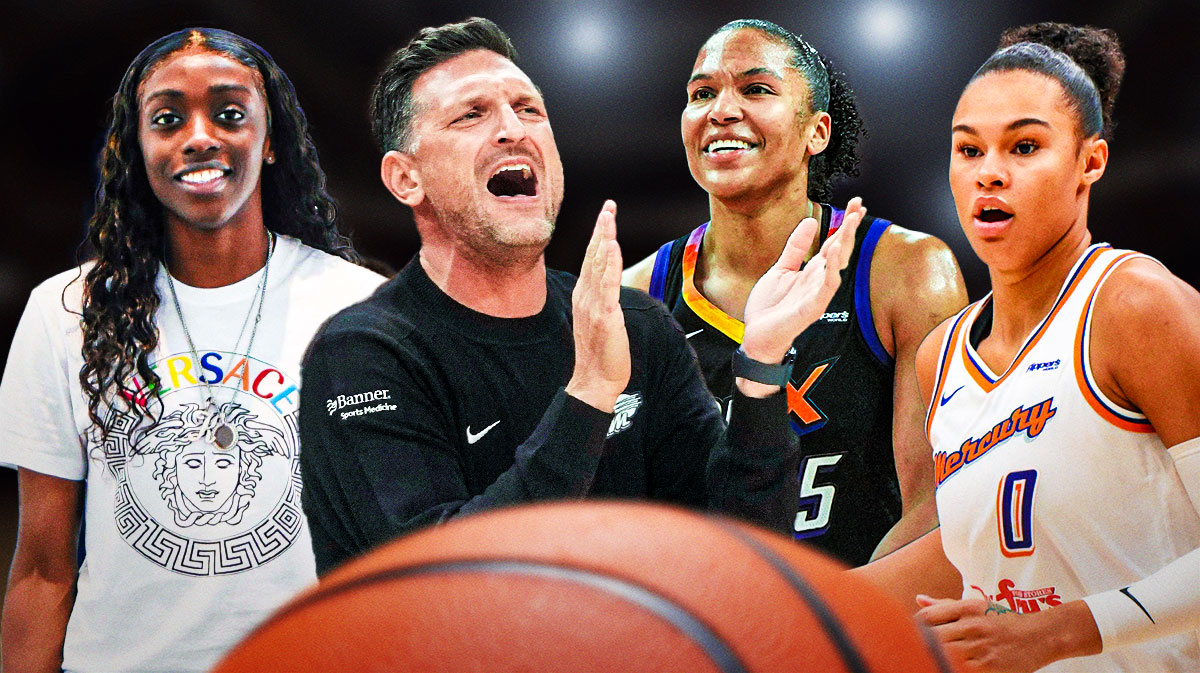 Phoenix Mercury head coach Nate Tibbetts looking concerned, with Kahleah Copper in street clothes, and Mercury forwards Alyssa Thomas and Satou Sabally hyped.