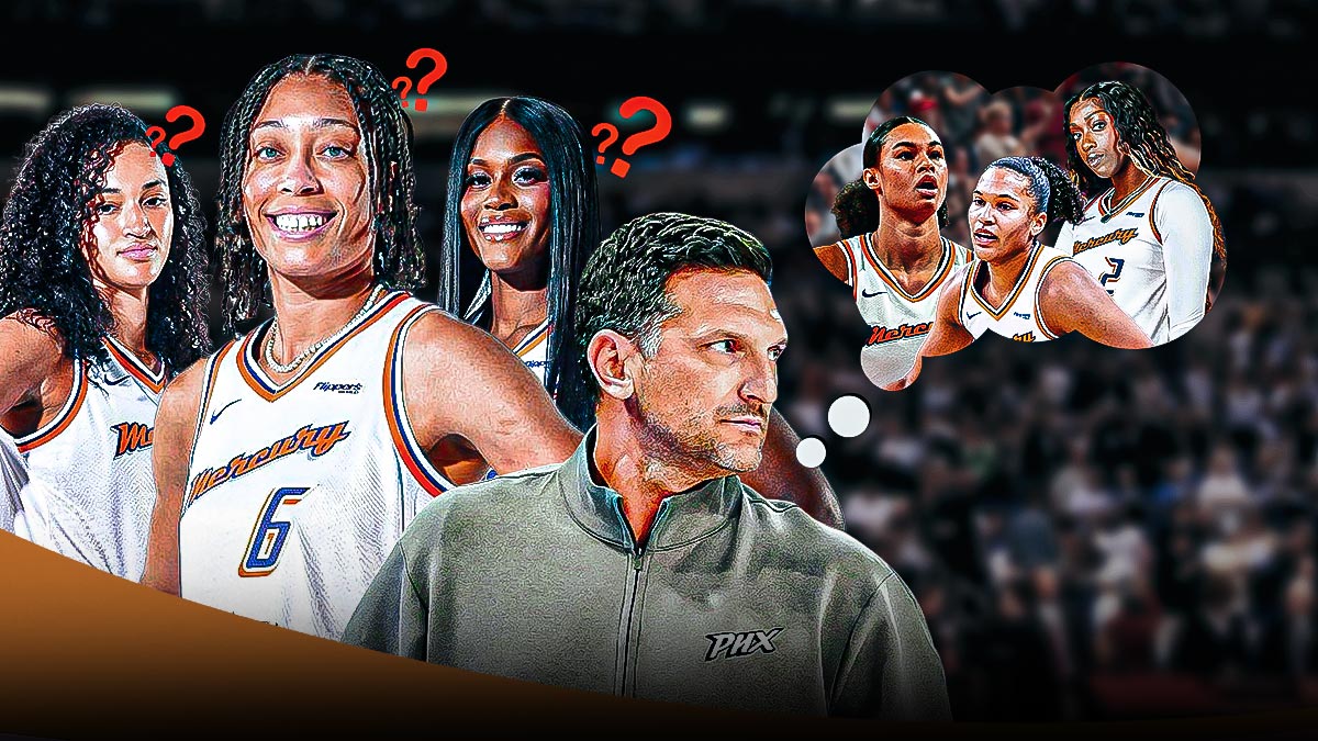 Phoenix Mercury head coach Nate Tibbetts with a thought bubble of Alyssa Thomas, Kahleah Copper, and Satou Sabally, all in Mercury jerseys. Around Tibbetts are pictures of Celeste Taylor, Kalani Brown, and Alexis Prince in Mercury jerseys. Around those players, there are question marks surrounding them.