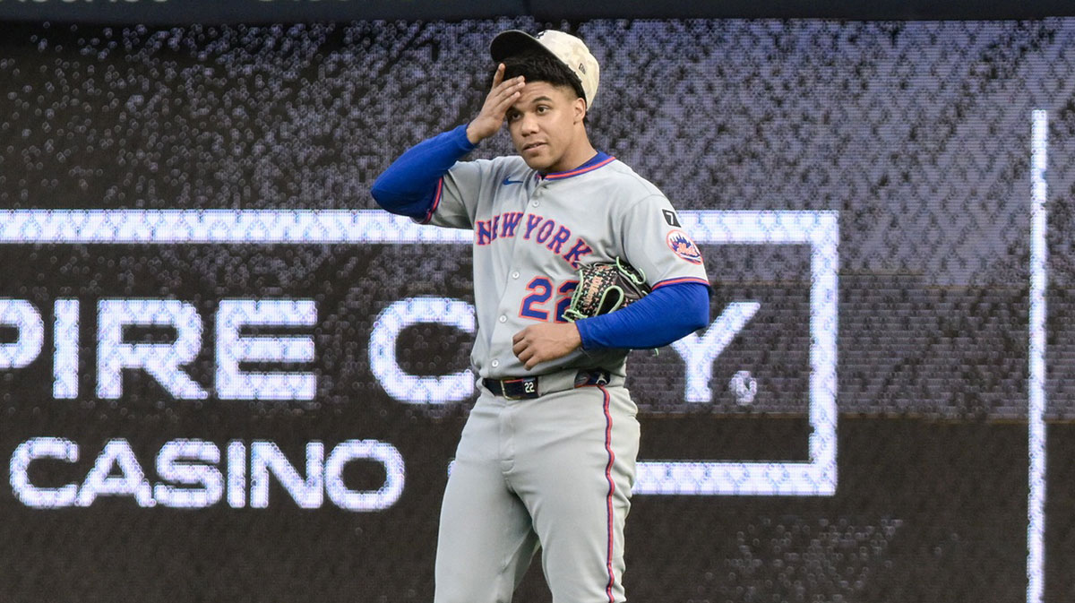 New York Mets outfielder Juan Soto (22) looks on from right field during the first inning against the New York Yankees at Yankee Stadium.