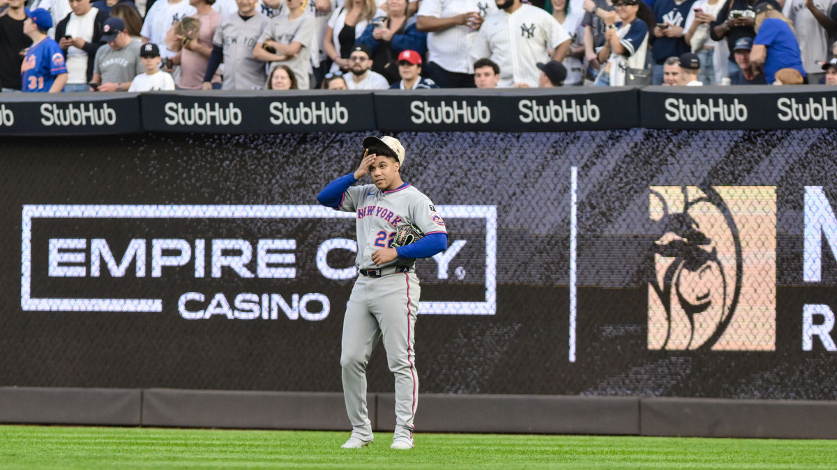 New York Mets outfielder Juan Soto (22) looks on from right field during the first inning against the New York Yankees at Yankee Stadium.