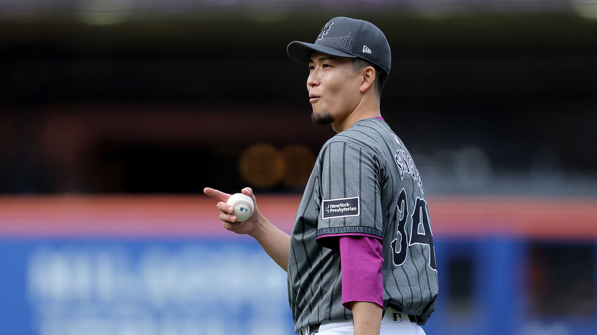 New York Mets starting pitcher Kodai Senga (34) reacts after a defensive play by third baseman Brett Baty (not pictured) during the third inning against the Colorado Rockies at Citi Field.