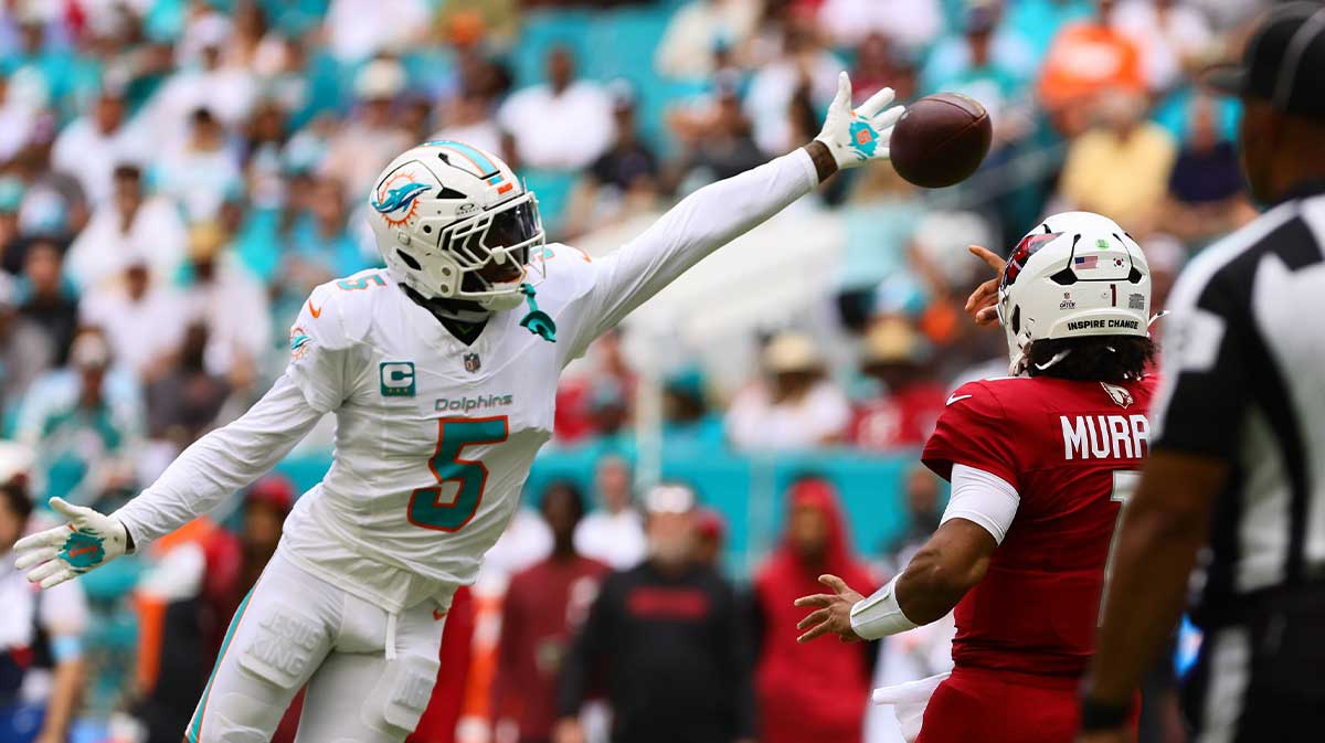 Miami Dolphins cornerback Jalen Ramsey (5) block a pass from Arizona Cardinals quarterback Kyler Murray (1) during the first quarter at Hard Rock Stadium.