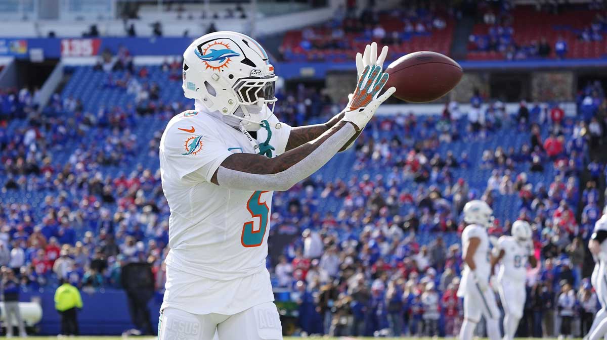 Miami Dolphins cornerback Jalen Ramsey (5) warms up prior to the game against the Buffalo Bills at Highmark Stadium.
