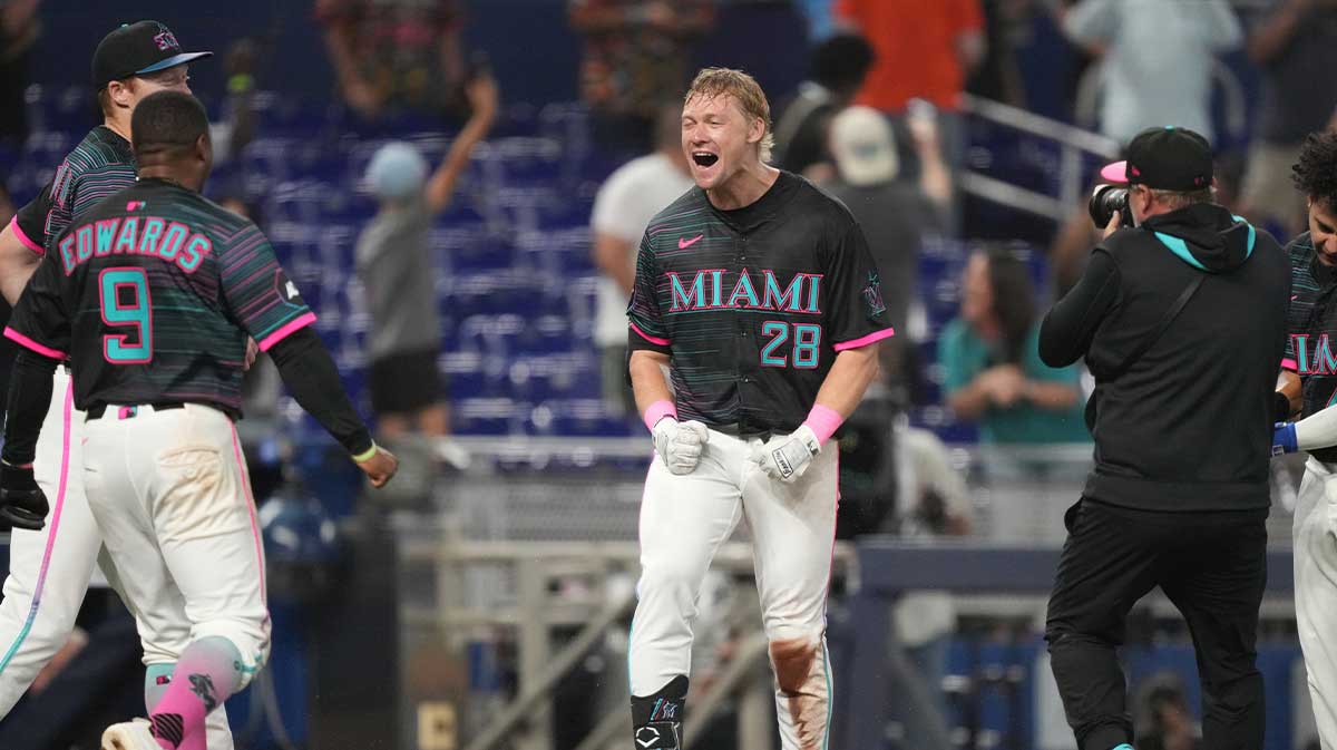 Miami Marlins right fielder Kyle Stowers (28) celebrates his walk-off grand slam against the Oakland Athletics in the ninth inning at loanDepot Park.