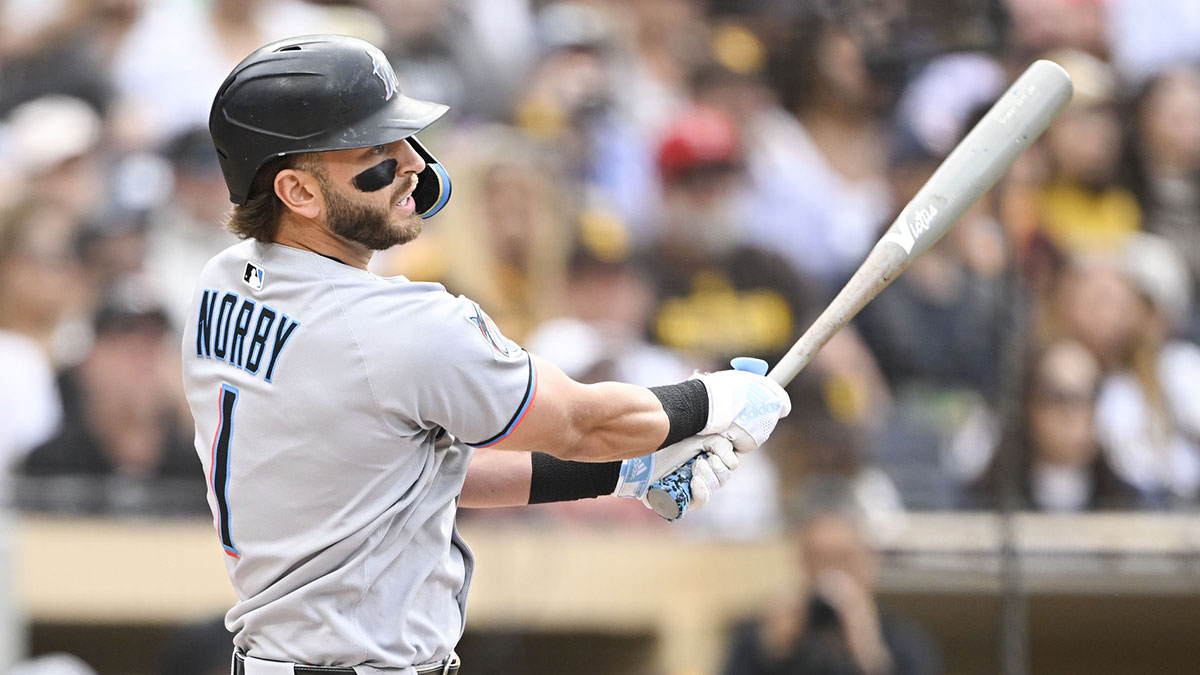 Miami Marlins third baseman Connor Norby (1) hits an RBI single during the first inning against the San Diego Padres at Petco Park.