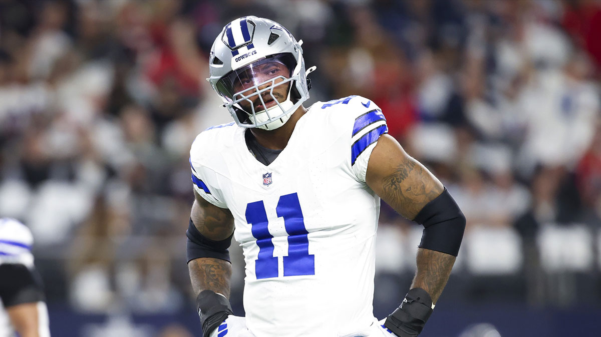 Dallas Cowboys linebacker Micah Parsons (11) reacts during the first quarter against the Houston Texans at AT&T Stadium.