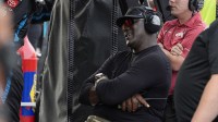NASCAR Cup Series driver Tyler Reddick (45) team owner Michael Jordan watches his racer during the Goodyear 400 at Darlington Raceway.