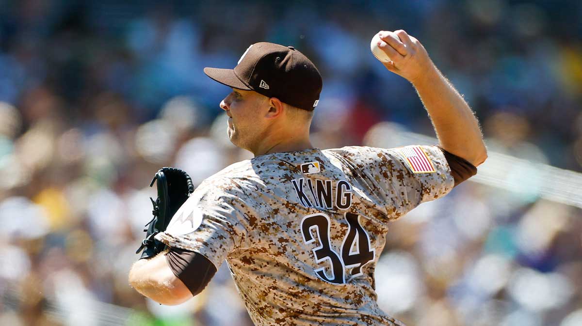 Apr 13, 2025; San Diego, California, USA; San Diego Padres starting pitcher Michael King (34) throws a pitch during the sixth inning against the Colorado Rockies at Petco Park.
