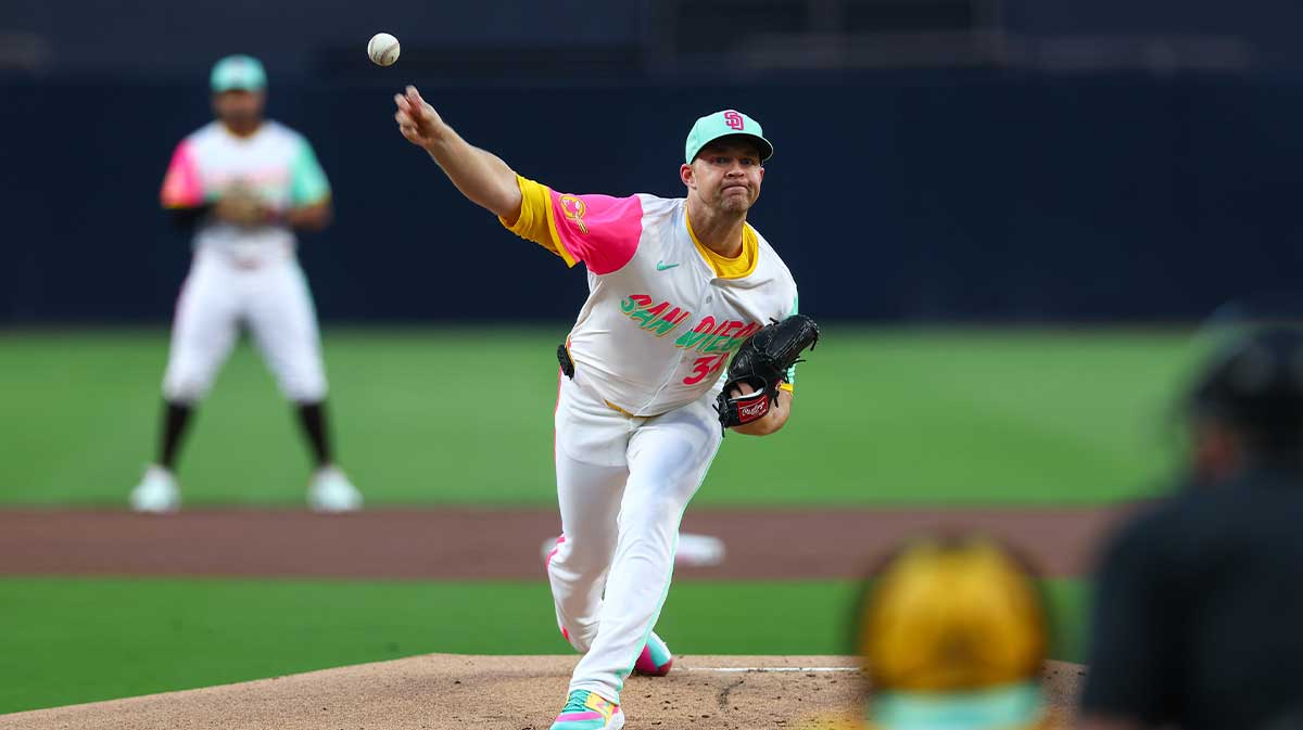 Apr 25, 2025; San Diego, California, USA; San Diego Padres starting pitcher Michael King (34) pitches during the first inning against the Tampa Bay Rays at Petco Park. Mandatory Credit: Chadd Cady-Imagn Images