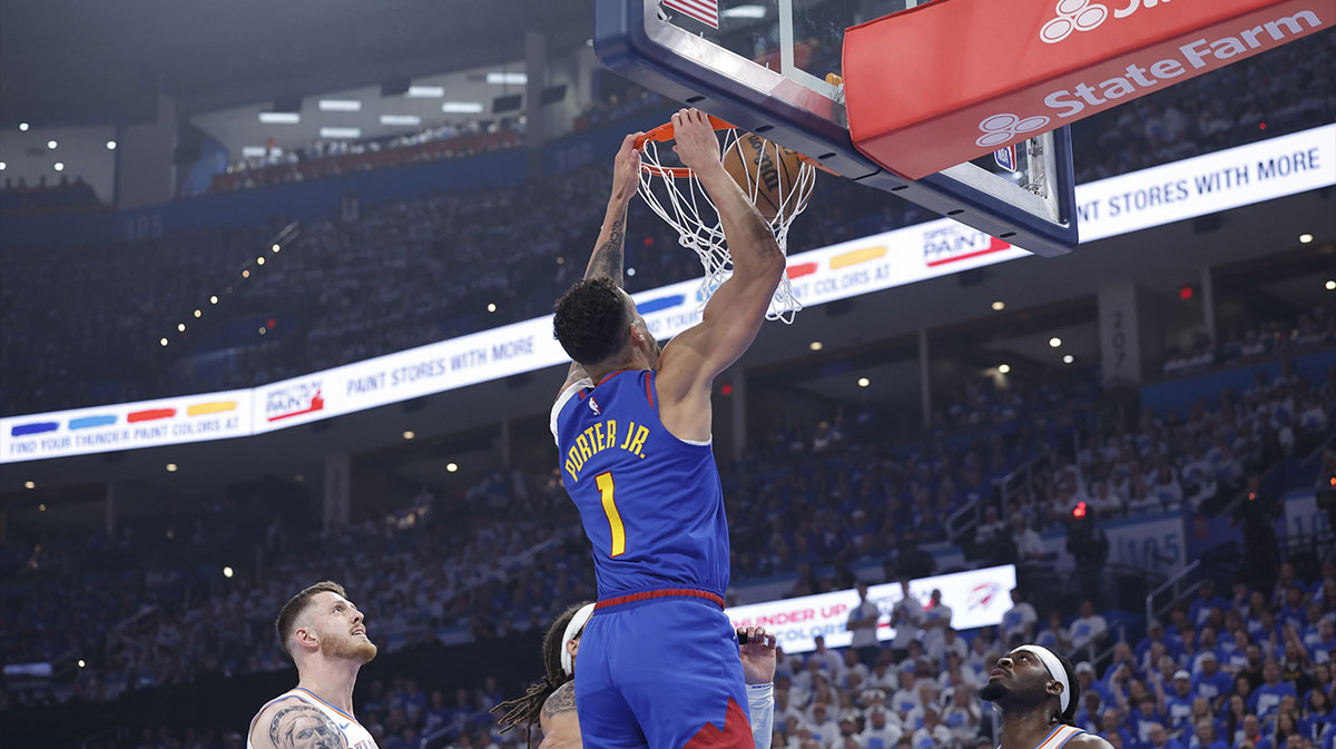 Denver Nuggets forward Michael Porter Jr. (1) dunks against the Oklahoma City Thunder during the first quarter of game five of the second round for the 2025 NBA Playoffs at Paycom Center.