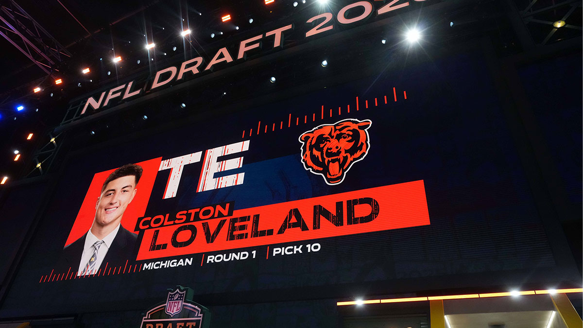 Michigan Wolverines tight end Colston Loveland is selected as the No. 10 pick during the NFL Draft at Lambeau Field.