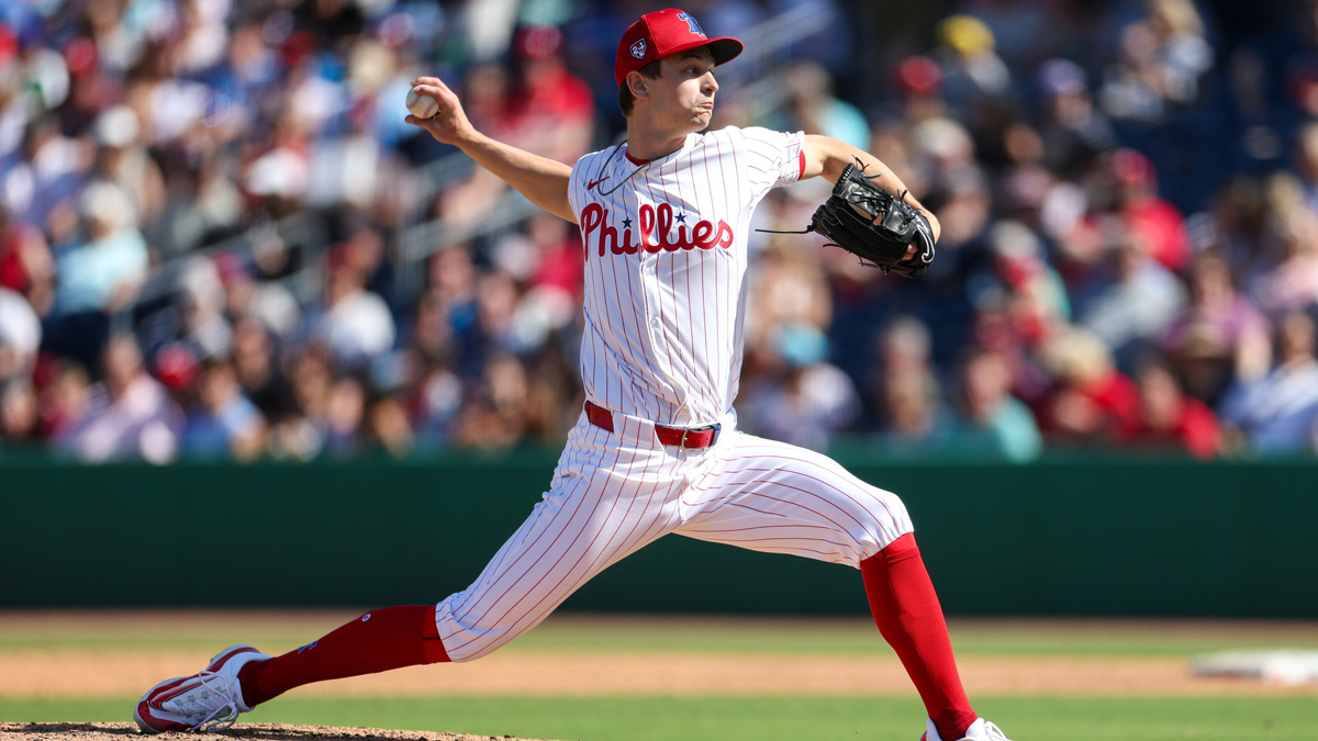 Feb 25, 2024; Clearwater, Florida, USA; Philadelphia Phillies pitcher Mick Abel (74) throws a pitch against the New York Yankees in the sixth inning at BayCare Ballpark.