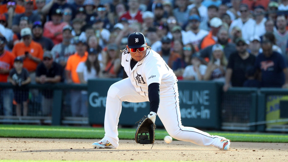 Detroit Tigers designated hitter Miguel Cabrera (24) makes his last play at first base as a Tiger on Sunday, Oct. 1 2023. Cabrera is one of the greatest players in Detroit Tigers history and one of the best right-handed hitters of all time. He played for the Tigers from 2008 to 2023.