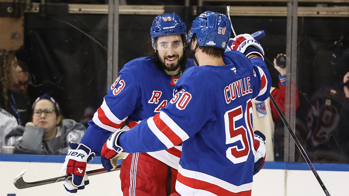 New York Rangers center Mika Zibanejad (93) celebrates with left wing Will Cuylle (50) after scoring a goal in the third period against the Tampa Bay Lightning at Madison Square Garden.