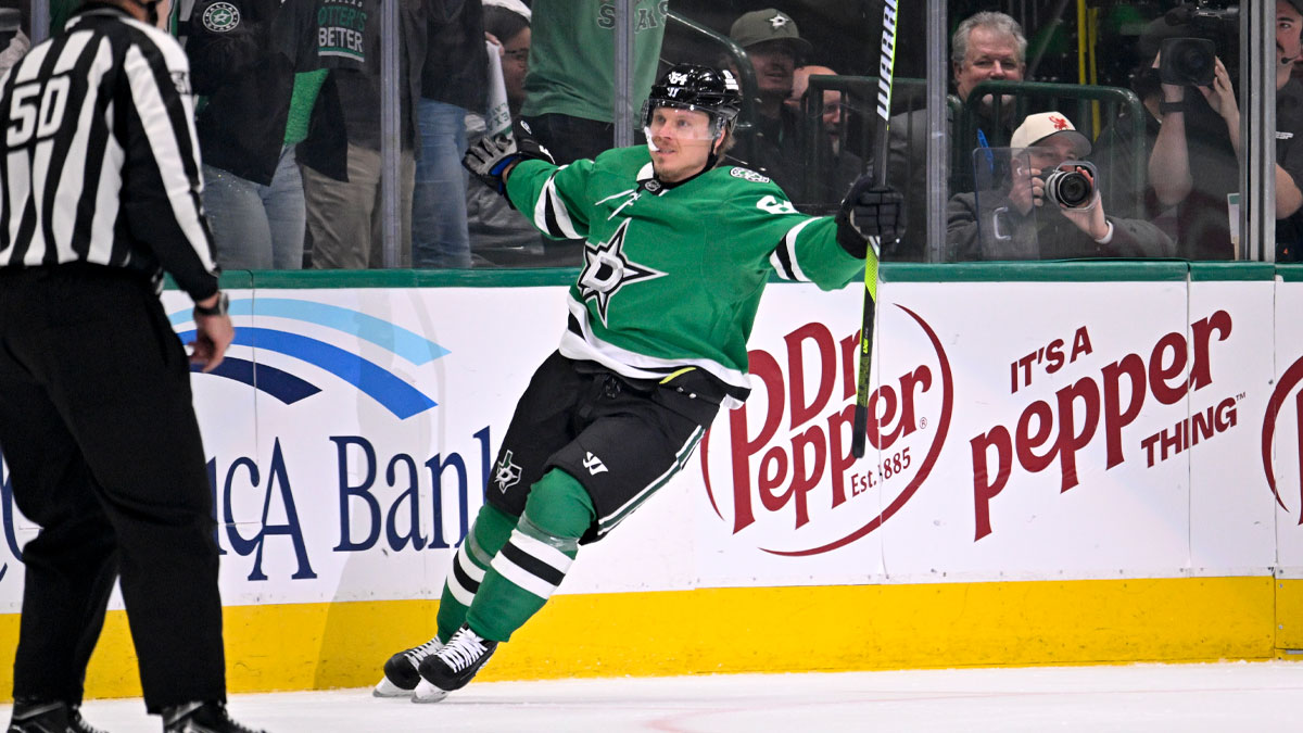 Dallas Stars center Mikael Granlund (64) celebrates after he scores a power-play goal against against the Winnipeg Jets during the first period in game four of the second round of the 2025 Stanley Cup Playoffs at American Airlines Center.
