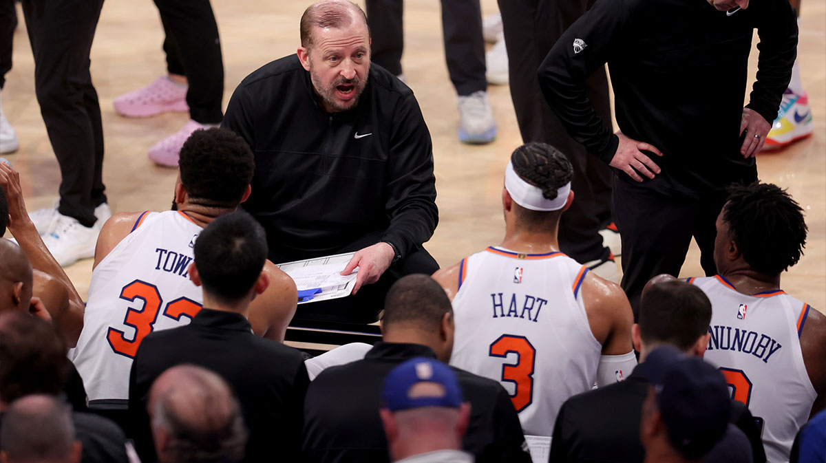 May 16, 2025; New York, New York, USA; New York Knicks head coach Tom Thibodeau talks to center Karl-Anthony Towns (32) and guard Josh Hart (3) and forward OG Anunoby (8) during a time out during the third quarter of game six in the second round of the 2025 NBA Playoffs against the Boston Celtics at Madison Square Garden. Mandatory Credit: Brad Penner-Imagn Images
