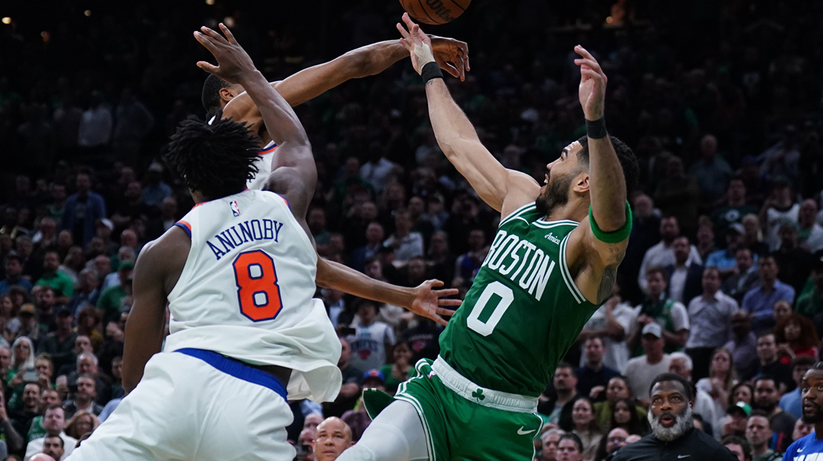New York Knicks forward Mikal Bridges (25) defends against Boston Celtics forward Jayson Tatum (0) in the last seconds of the fourth quarter during game two of the second round for the 2025 NBA Playoffs at TD Garden.