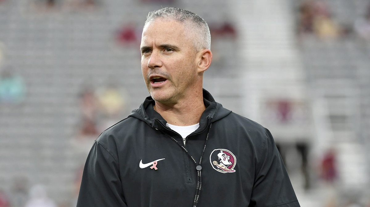 Florida State Seminoles head coach Mike Norvell reacts before the game against the Clemson Tigers at Doak S. Campbell Stadium.
