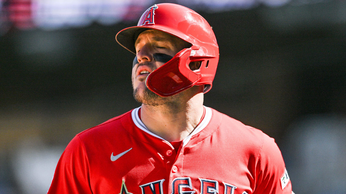 Los Angeles Angels outfielder Mike Trout (27) reacts after lining out during the ninth inning against the Minnesota Twins at Target Field.