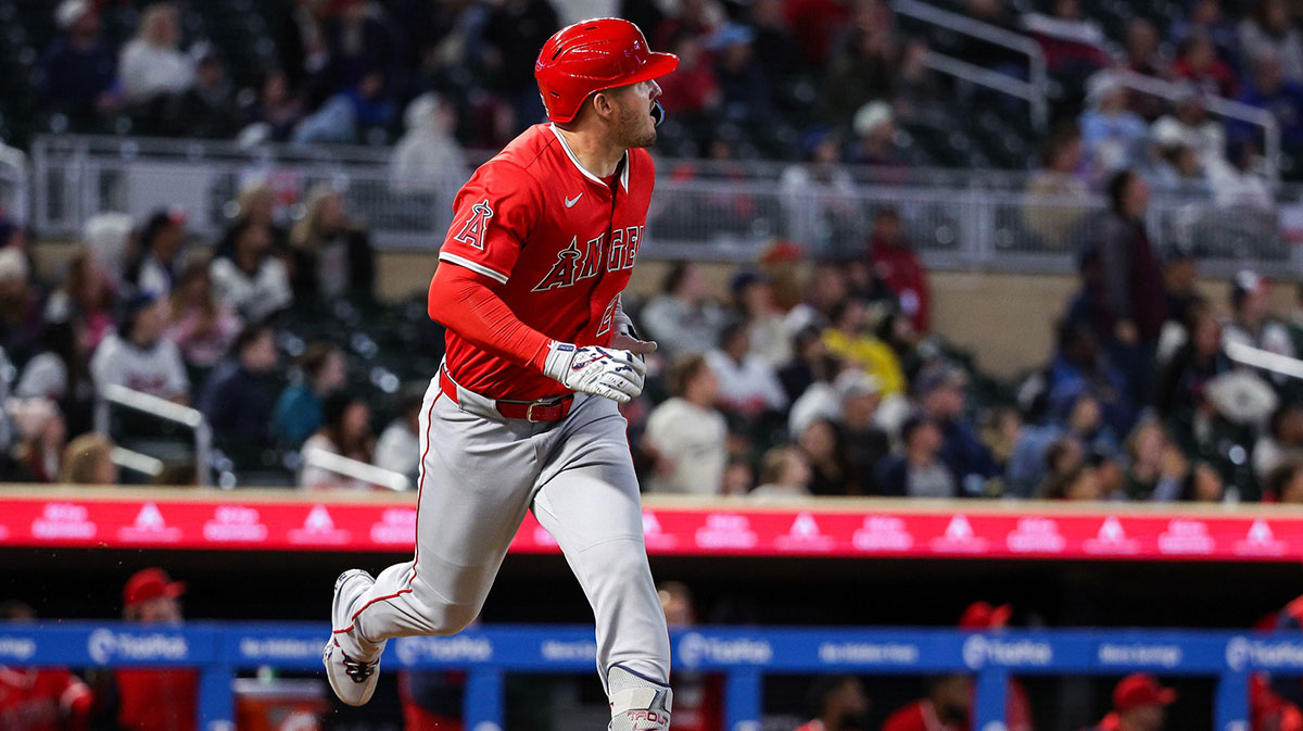 Los Angeles Angels designated hitter Mike Trout (27) watches his solo home run against the Minnesota Twins during the seventh inning at Target Field.