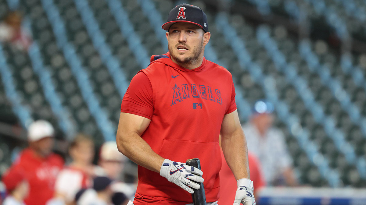 Apr 12, 2025; Houston, Texas, USA; Los Angeles Angels right fielder Mike Trout (27) before the game against the Houston Astros at Daikin Park. Mandatory Credit: Troy Taormina-Imagn Images